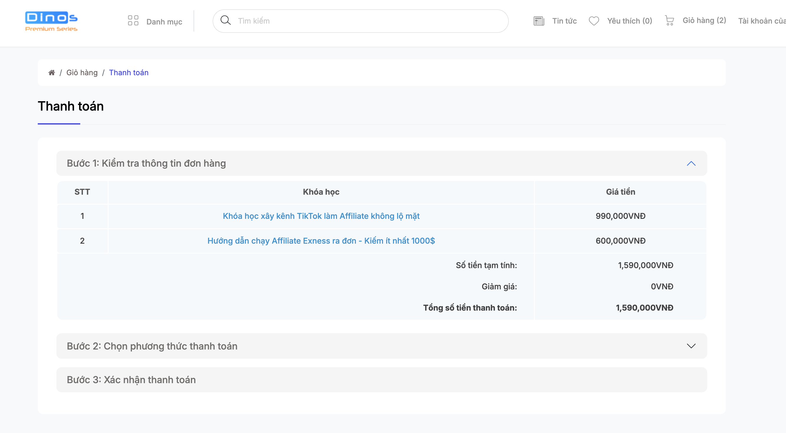 Hướng dẫn thanh toán khóa học dinos premium 2